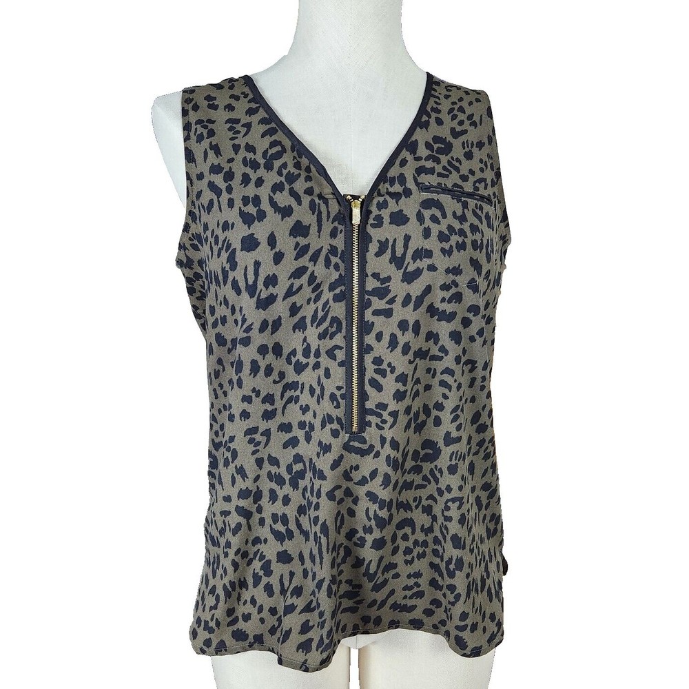 Womens Apt. 9 Tunic Top Sleeveless Animal Print Blouse V neck 1/2 Zip Small